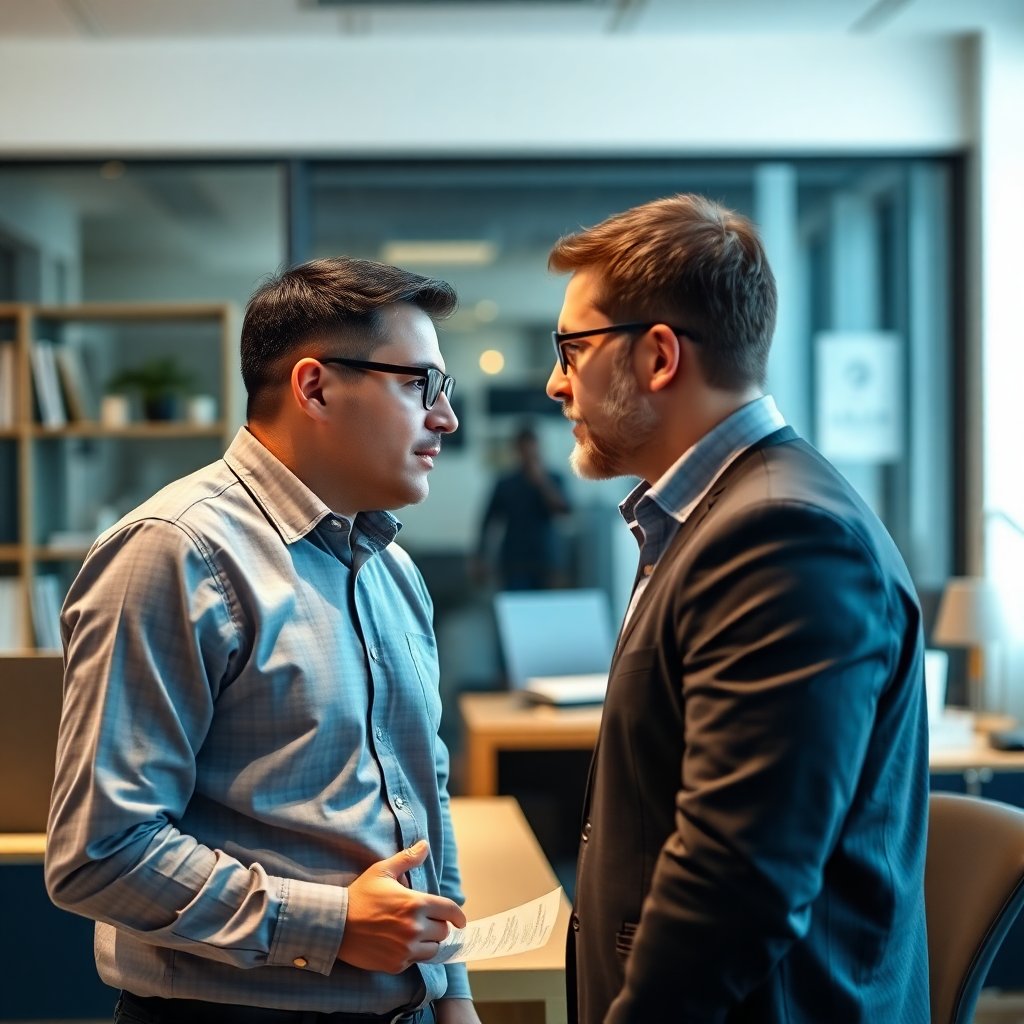 employee confronting manager about delayed paycheck in office